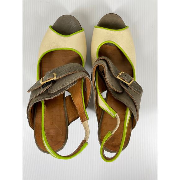 CHIE MIHARA Peep Toe Platform Heels Size 6 Leather Colorblock Wood Heel Retro - Picture 8 of 12